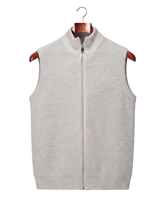 The Hartley sleeveless zip gilet, front view on a mahogany hanger