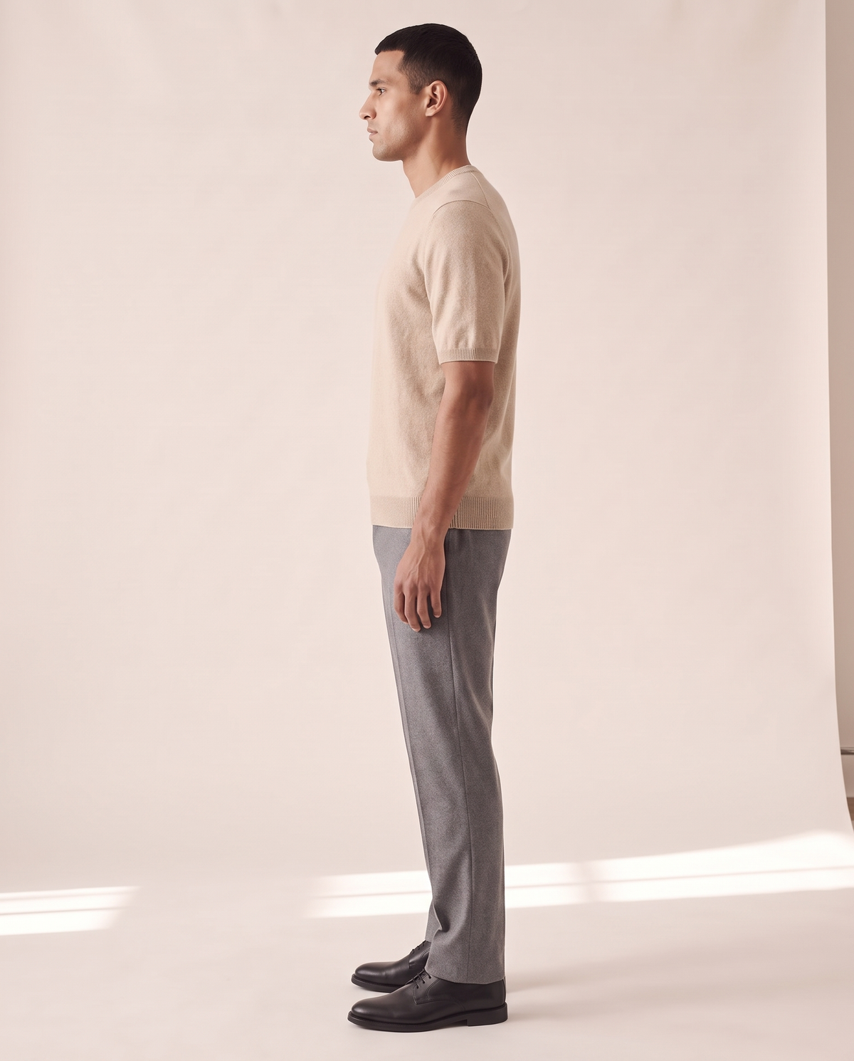 The Aldwych cashmere tee shown in side profile
