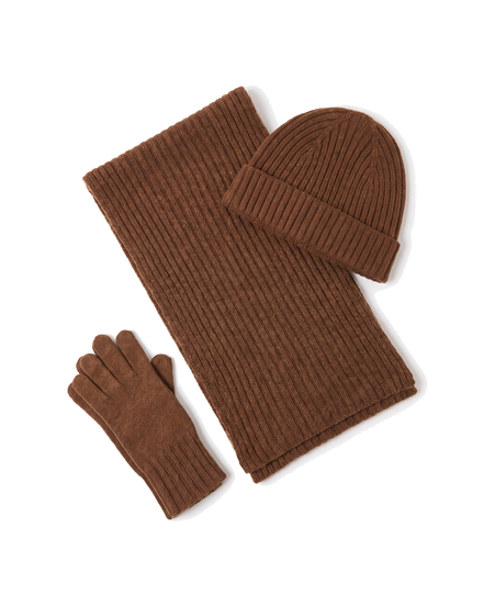 The Ravensdale merino scarf, beanie and glove set — Coffee