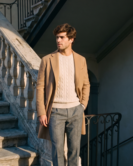 Man in a cream cable-knit jumper on an old stone staircase