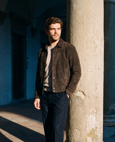 Man in a suede trucker jacket beside a stone column
