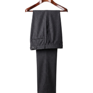The Wentworth wool dress trousers in charcoal grey, front view on a mahogany hanger