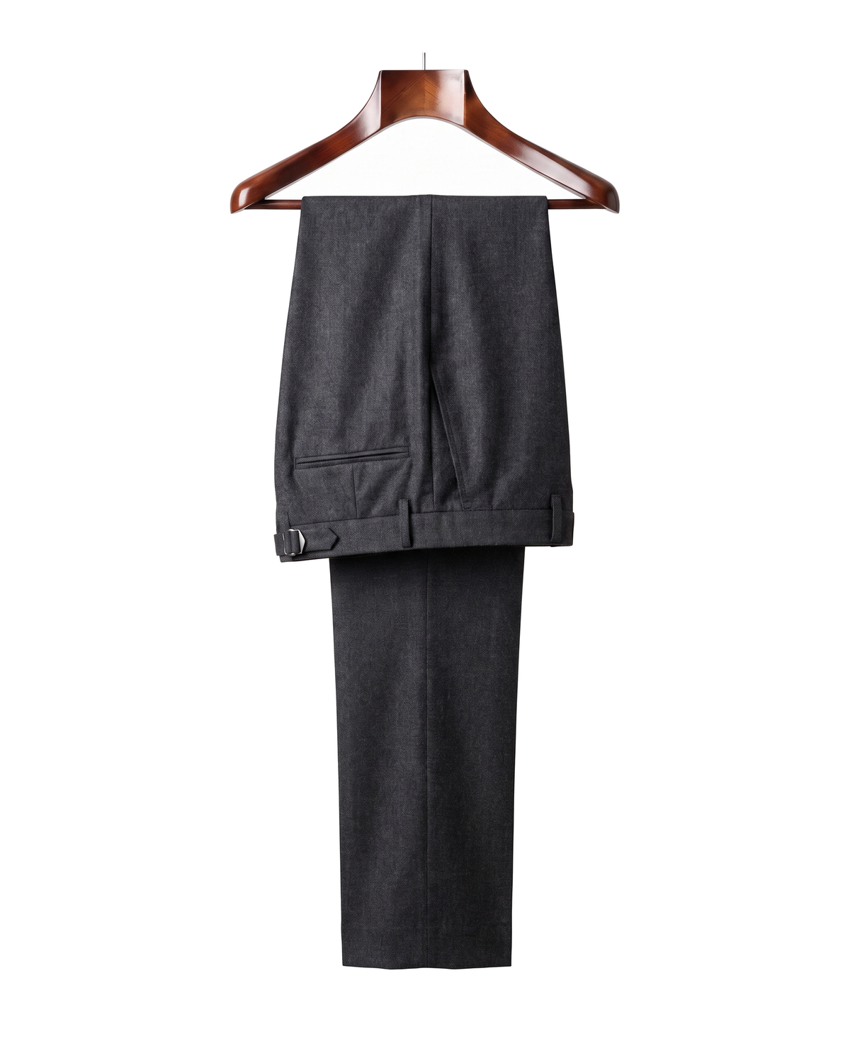 The Wentworth wool dress trousers in charcoal grey, front view on a mahogany hanger