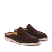 Dark coffee brown suede mules, angled side view