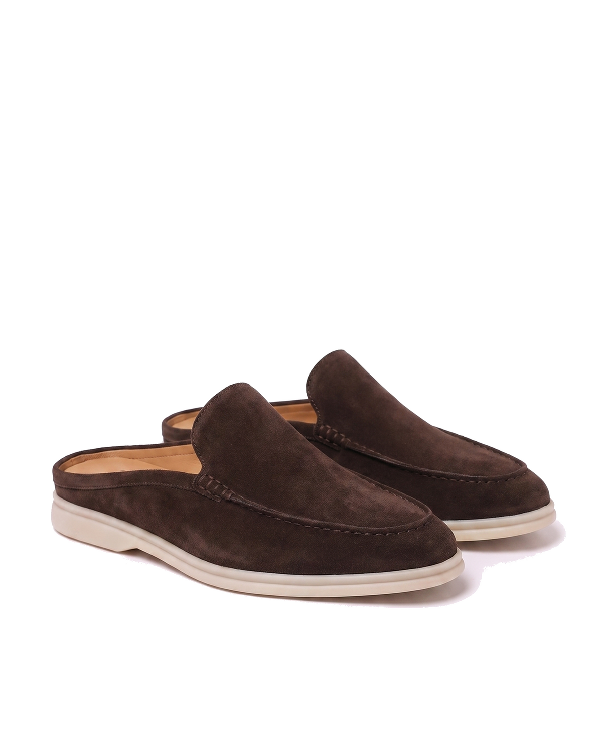 Dark coffee brown suede mules, angled side view