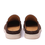 Dark coffee brown suede mules seen from behind, showing the open backs