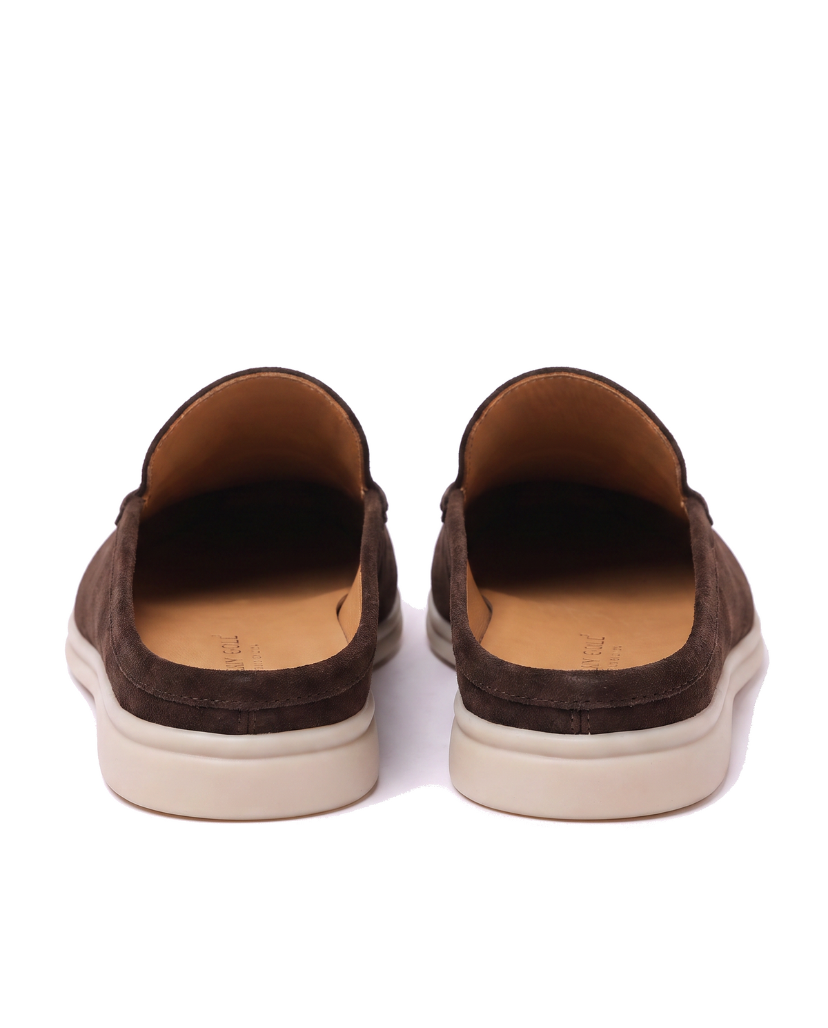 Dark coffee brown suede mules seen from behind, showing the open backs