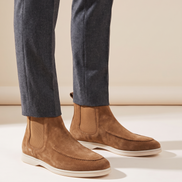 The Ashby suede Chelsea boot worn with cropped charcoal trousers