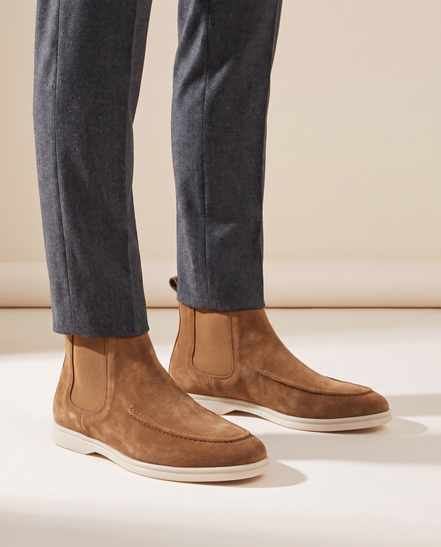 The Ashby suede Chelsea boot worn with cropped charcoal trousers
