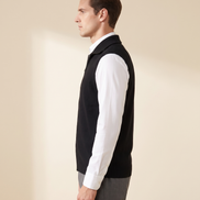Model wearing The Windsor cashmere gilet, side profile