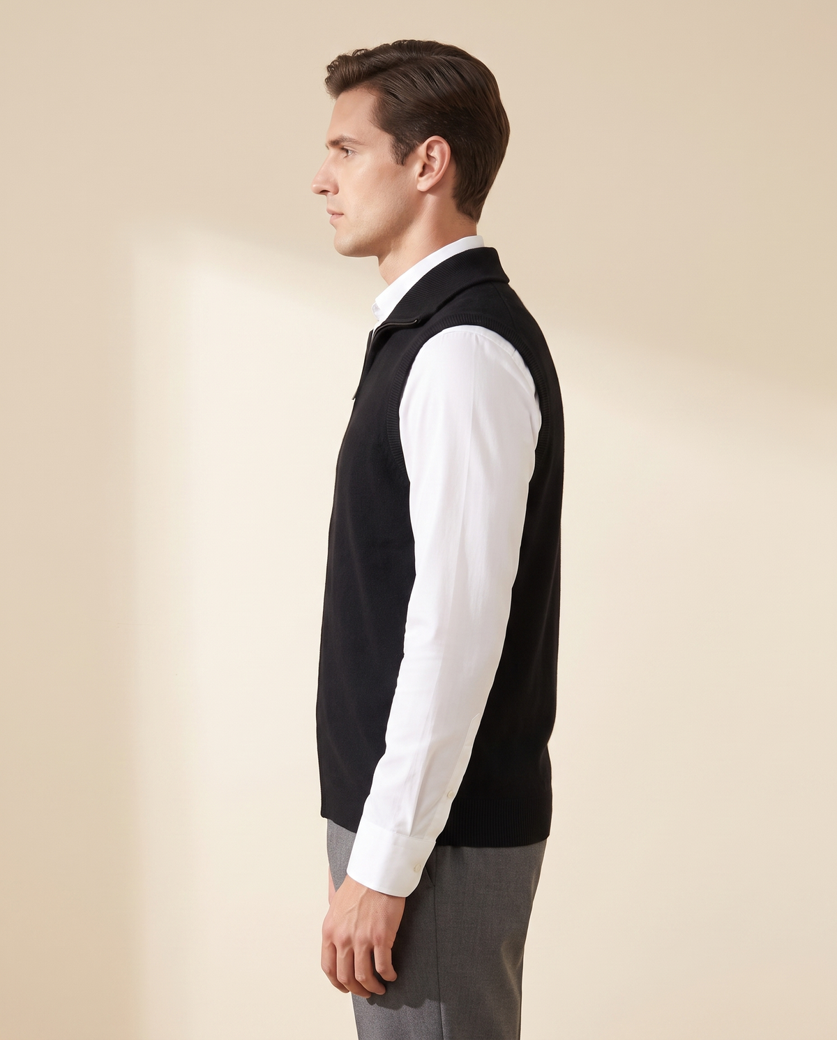 Model wearing The Windsor cashmere gilet, side profile