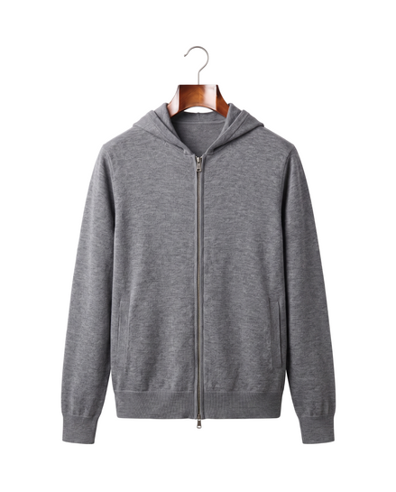 The Brackley merino zip-through hoodie, front on hanger