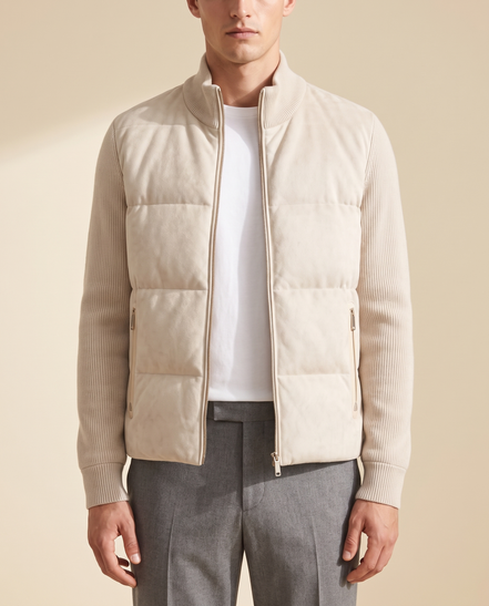 Model wearing the cream hybrid bomber, front view
