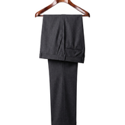 The Wentworth wool dress trousers in charcoal grey, back view on a mahogany hanger