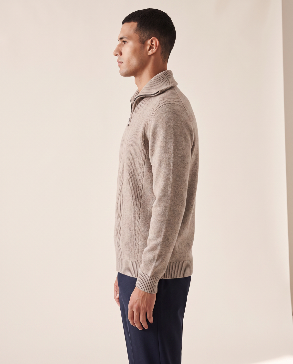 The Whitby merino half-zip shown in side profile