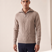 Model wearing The Whitby merino half-zip jumper, front view