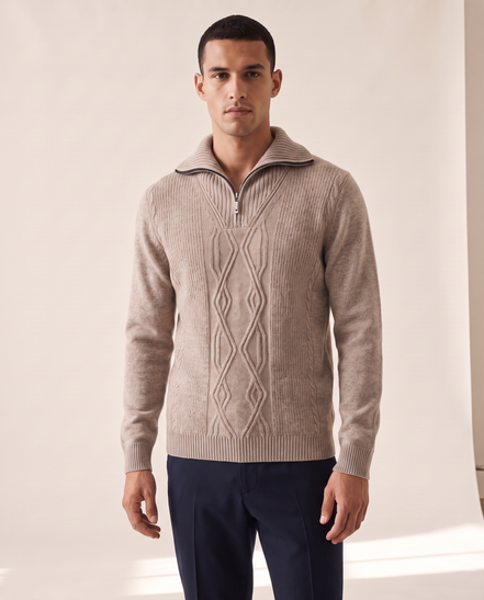 Model wearing The Whitby merino half-zip jumper, front view