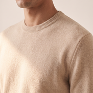 Close-up of the ribbed crew neckline and merino knit of The Berkeley