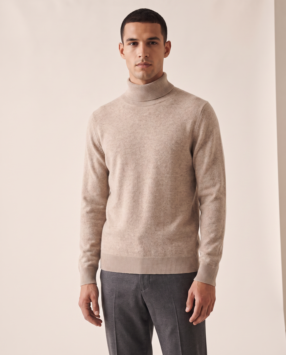 Model wearing The Langham merino rollneck jumper, front view