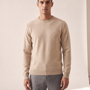 Model wearing The Berkeley merino crewneck jumper, front view
