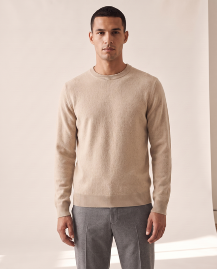 Model wearing The Berkeley merino crewneck jumper, front view