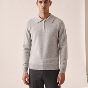 Model wearing The Selby merino half-zip polo, front view