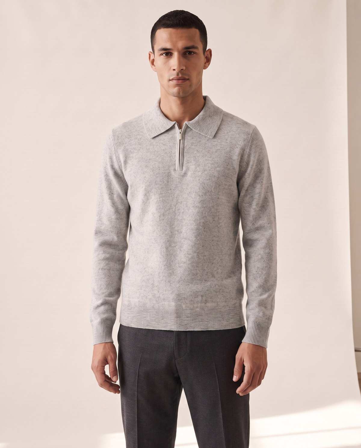 Model wearing The Selby merino half-zip polo, front view