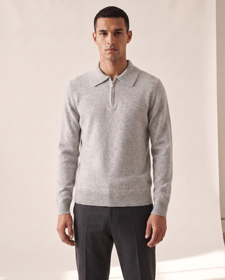 Model wearing The Selby merino half-zip polo, front view