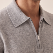 Close-up of the polo collar and short zip on The Selby