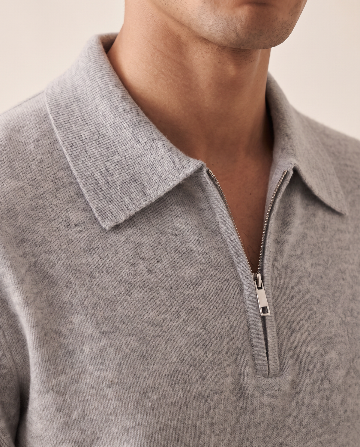 Close-up of the polo collar and short zip on The Selby
