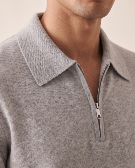 Close-up of the polo collar and short zip on The Selby