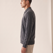 The Harrogate cashmere full-zip cardigan shown in side profile