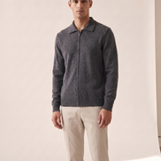 Model wearing The Harrogate cashmere full-zip cardigan, front view