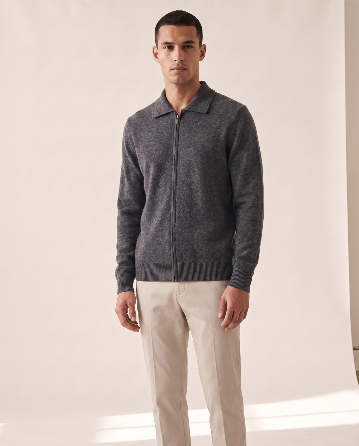 Model wearing The Harrogate cashmere full-zip cardigan, front view