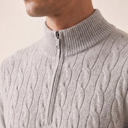 Close-up of the cable knit and ribbed collar on The Ashford