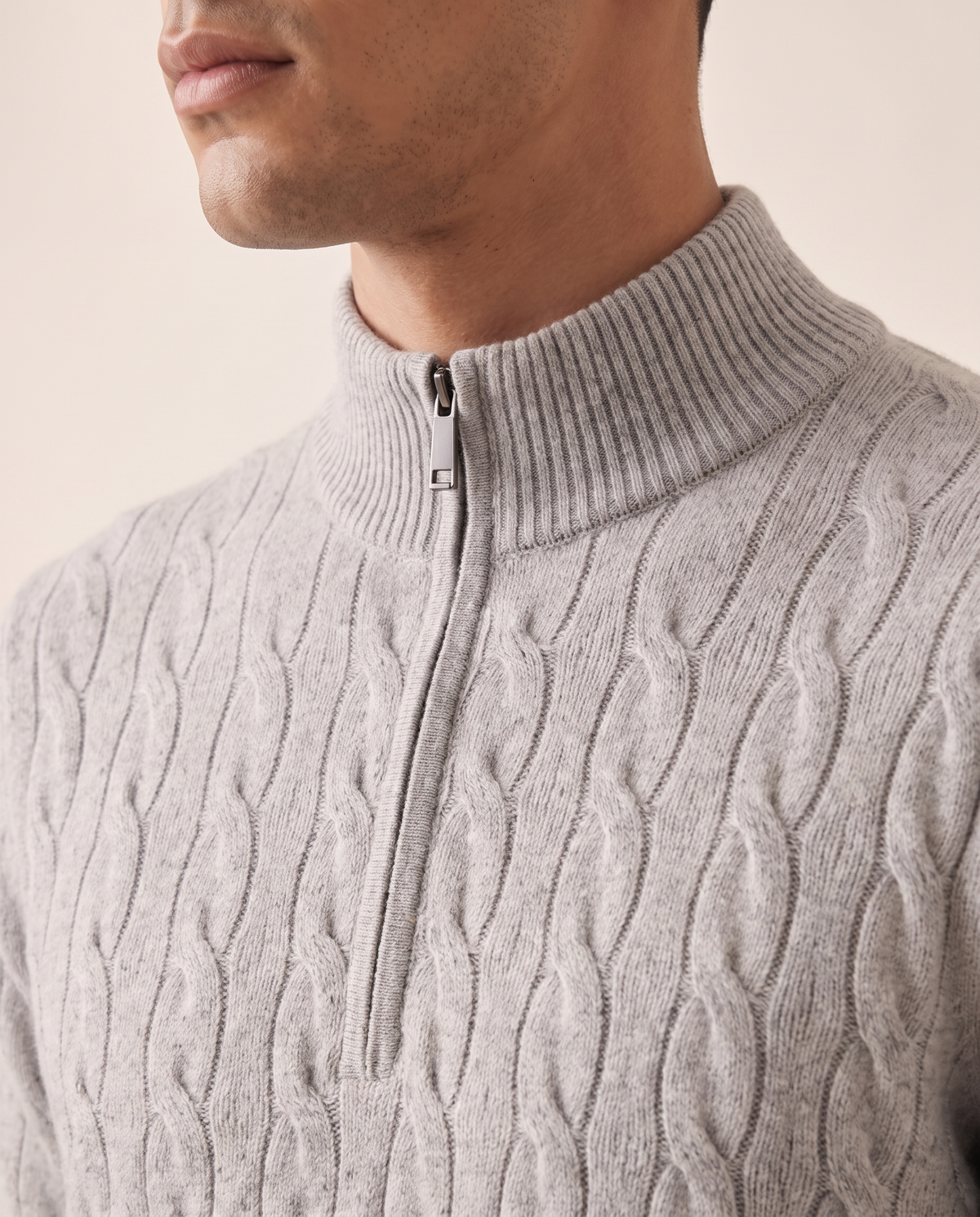 Close-up of the cable knit and ribbed collar on The Ashford