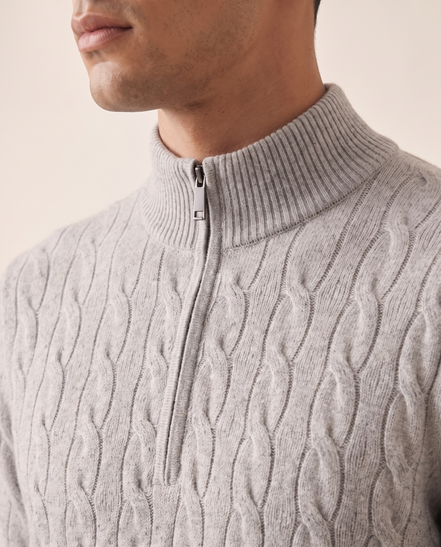 Close-up of the cable knit and ribbed collar on The Ashford