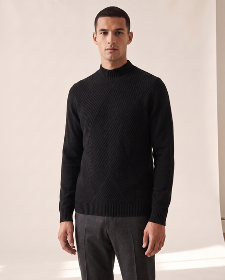 Model wearing The Grosvenor cashmere mock neck jumper, front view