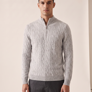 Model wearing The Ashford merino cable-knit half-zip, front view