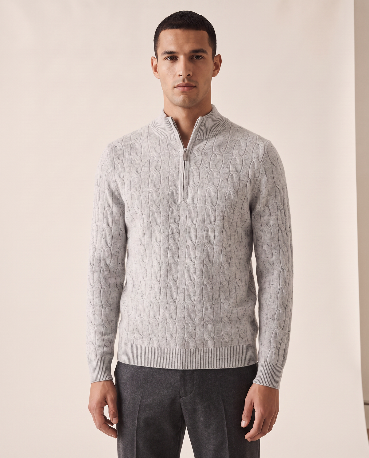 Model wearing The Ashford merino cable-knit half-zip, front view