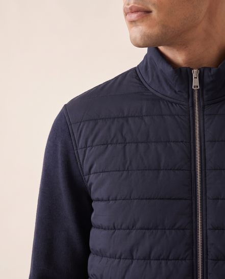 Close-up of the quilting and knitted sleeve seam on The Kensington