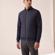 Model wearing The Kensington quilted knit hybrid jacket, front view