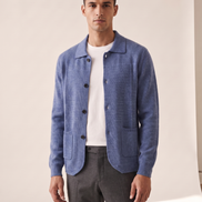 Model wearing The Blenheim merino overshirt, front view