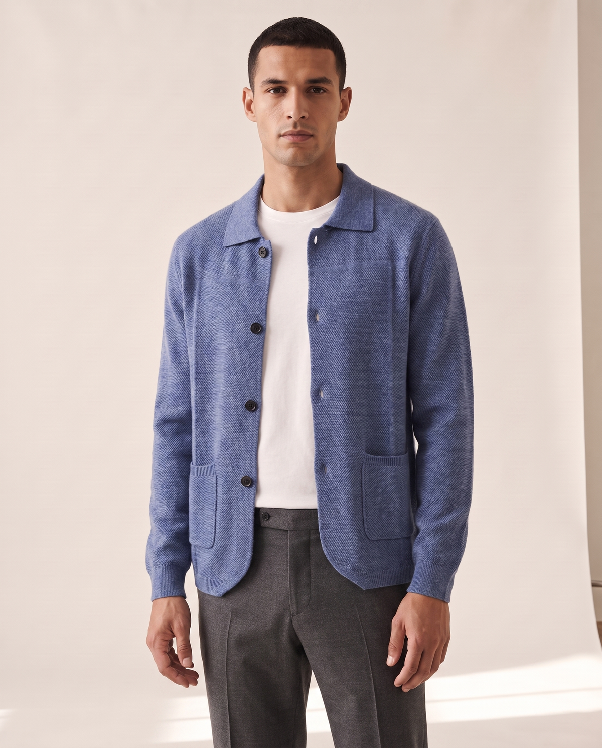 Model wearing The Blenheim merino overshirt, front view