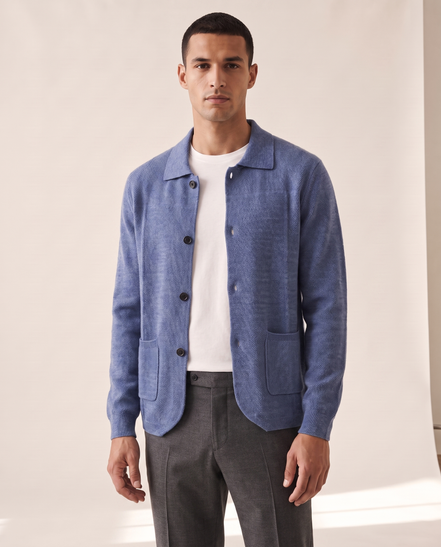 Model wearing The Blenheim merino overshirt, front view