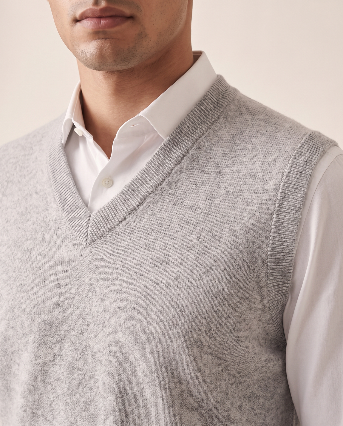 Close-up of the ribbed V neckline and armhole on The Rutland