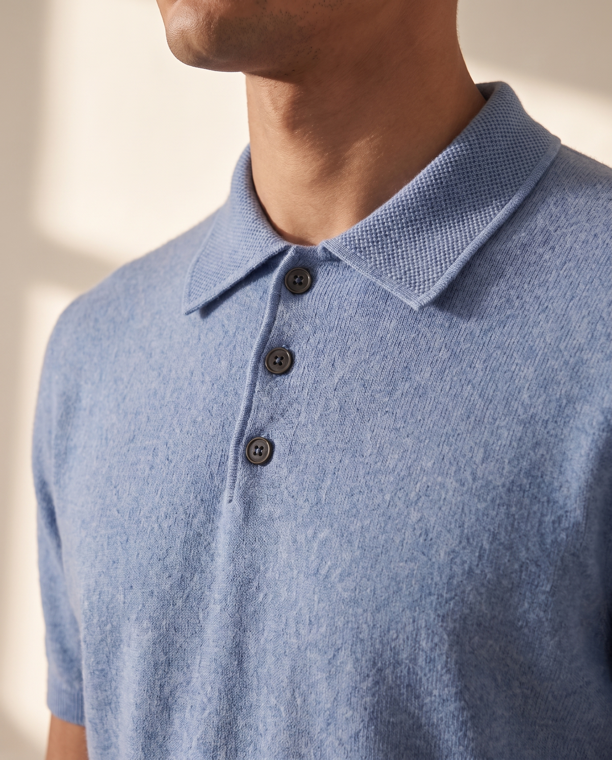 Close-up of the collar and button placket on The Belgrave