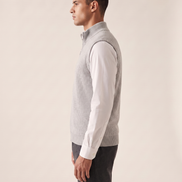 The Hartley zip gilet shown in side profile over a white shirt