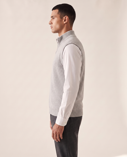 The Hartley zip gilet shown in side profile over a white shirt