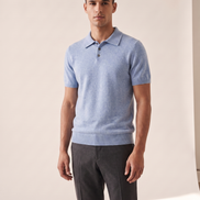 Model wearing The Belgrave cashmere knit polo, front view